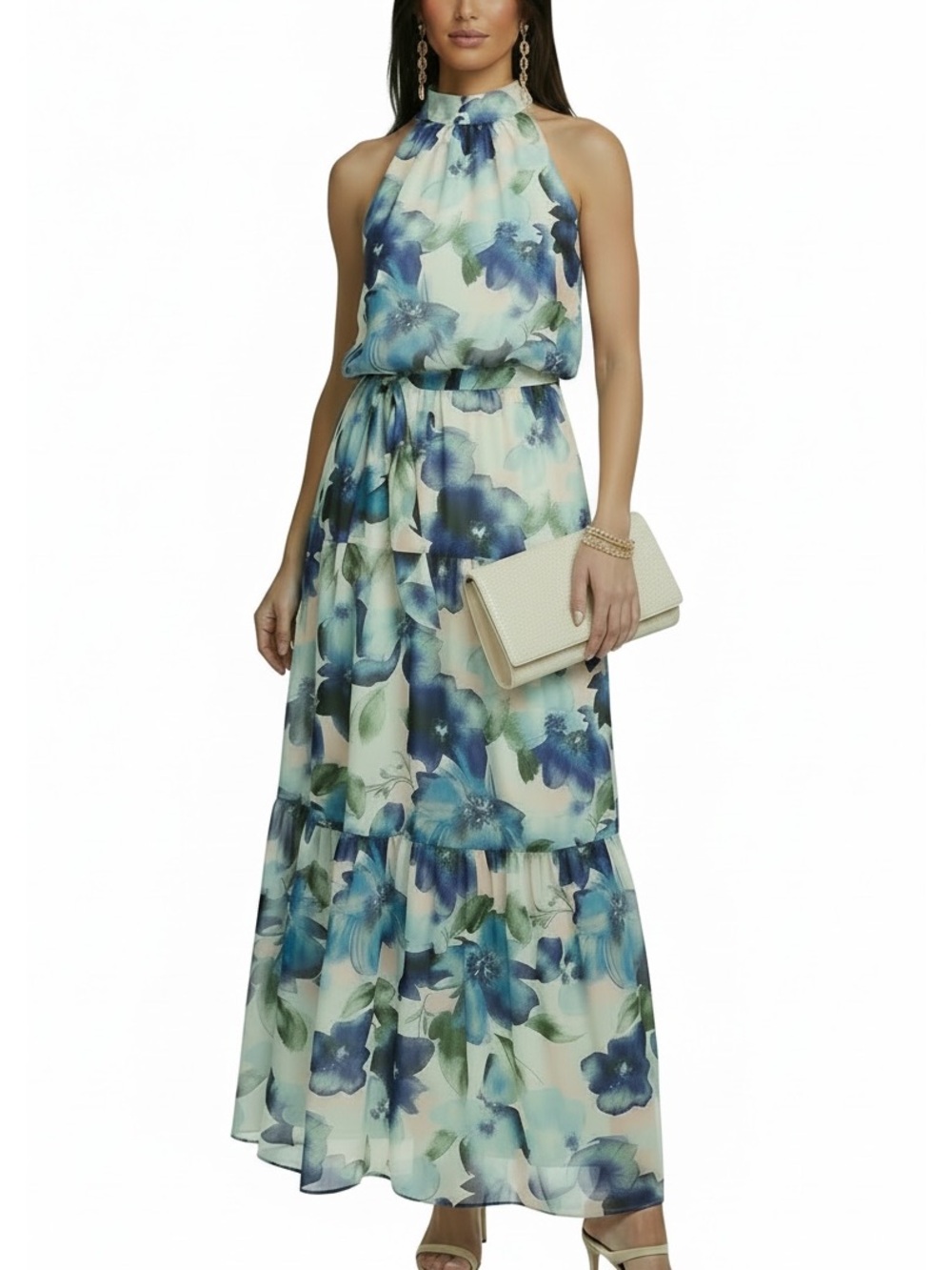NWT JULIA JORDAN Floral Sleeveless Halter Neck Tiered Ruffle Maxi Dress Size 4